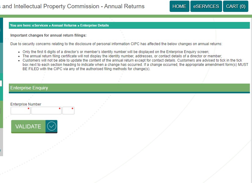 CIPC Annual Return - step 1 validate company