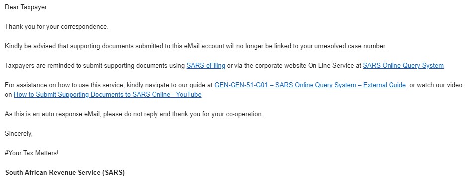 SARS Contact Automatic Reply